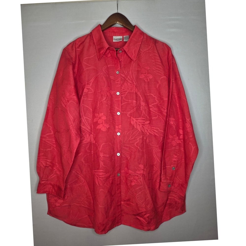 Chico's Red Floral Print Blouse button up Long sleeve Linen Blend size 3 (XL)